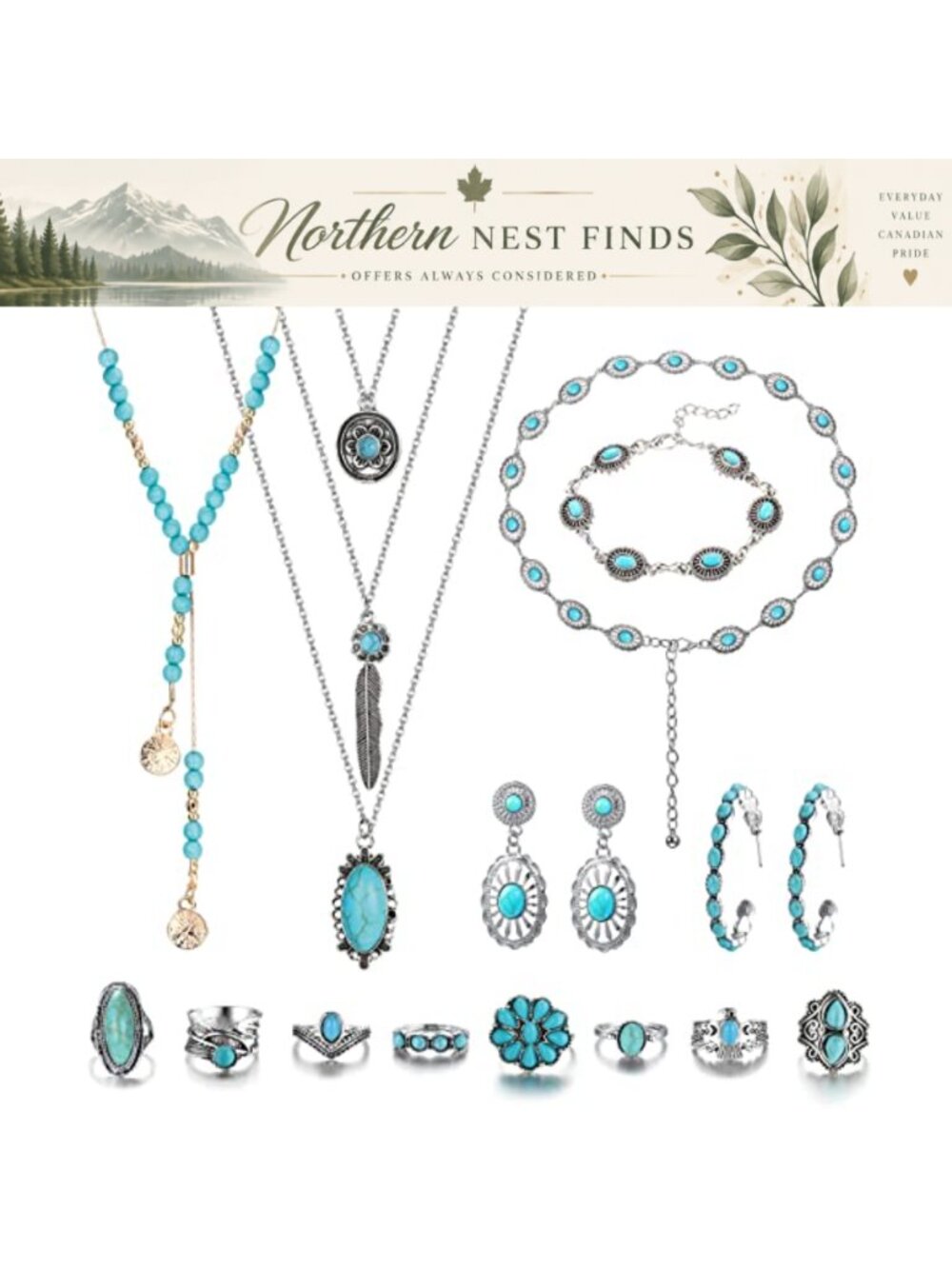 Bohemian Turquoise Jewelry Set Necklaces Earrings Bracelet Rings Belt